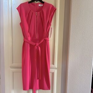 NWT sz 14 Calvin Klein coral Pink Belted Dress; beautiful. Bundle, offer, & save